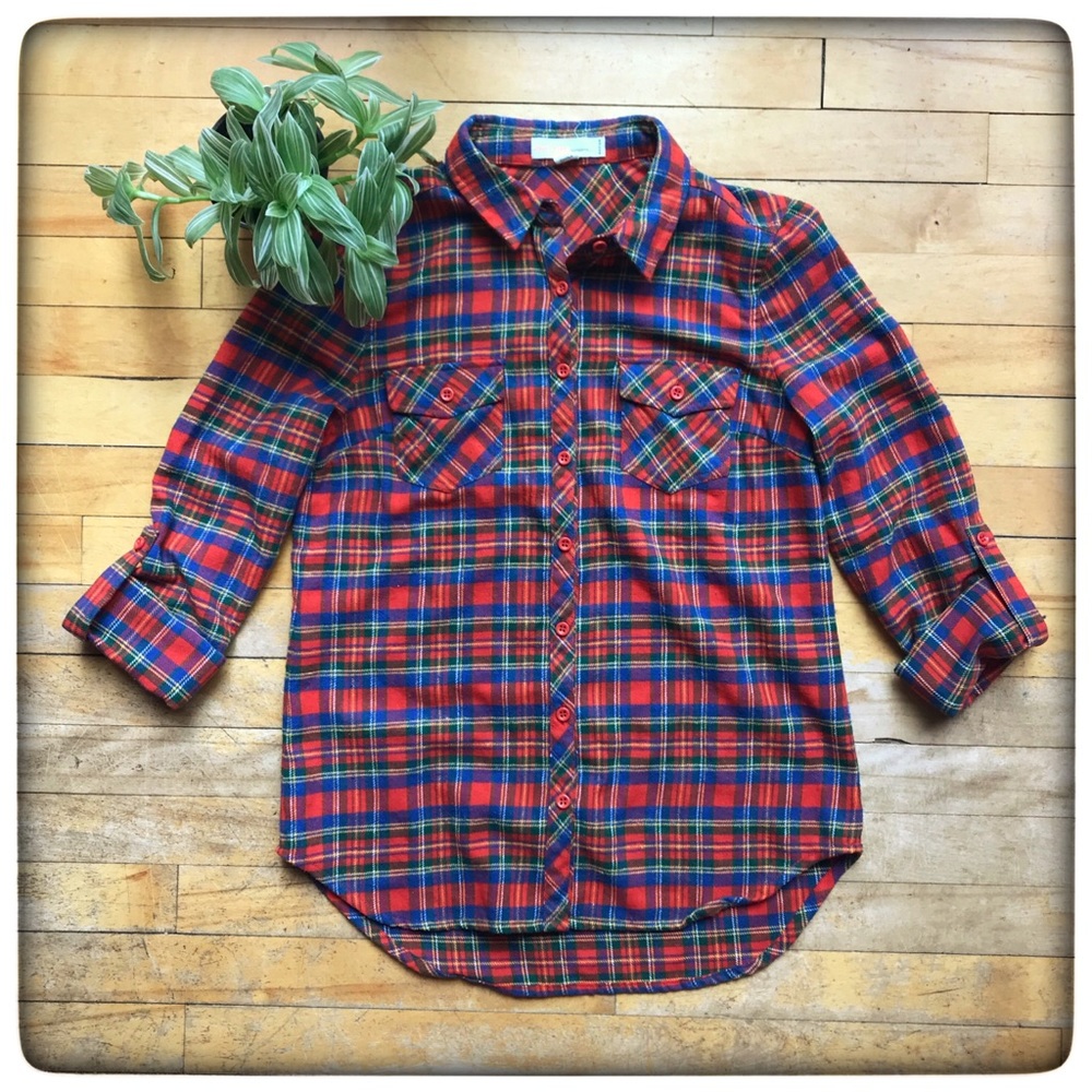 Love Tree flannel button up, red green blue plaid